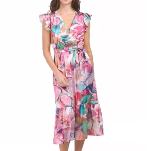 Sam Edelman Women’s Colorburst Leaf Print Faux Wrap Midi Dress - Picture 5 of 10